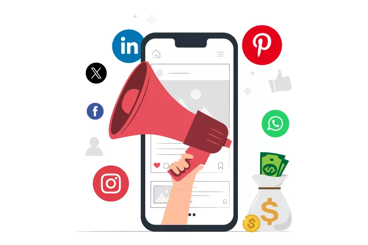 Illustration of a smartphone displaying social media apps with a megaphone in front. Icons for LinkedIn, Pinterest, Instagram, and others surround it. A bag with cash is on the right.