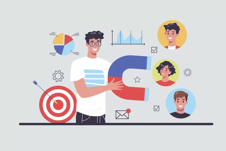 Illustration of a person holding a magnet, surrounded by target symbols, pie charts, and smiling faces, representing attraction and engagement.