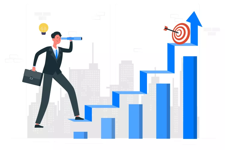 Illustration of a businessperson with a briefcase climbing ascending bar graphs with a target and arrow at the top. Background features cityscape silhouettes.