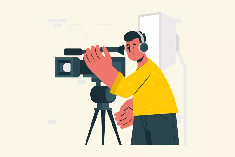 Illustration of a person operating a video camera on a tripod, wearing headphones and a yellow shirt.