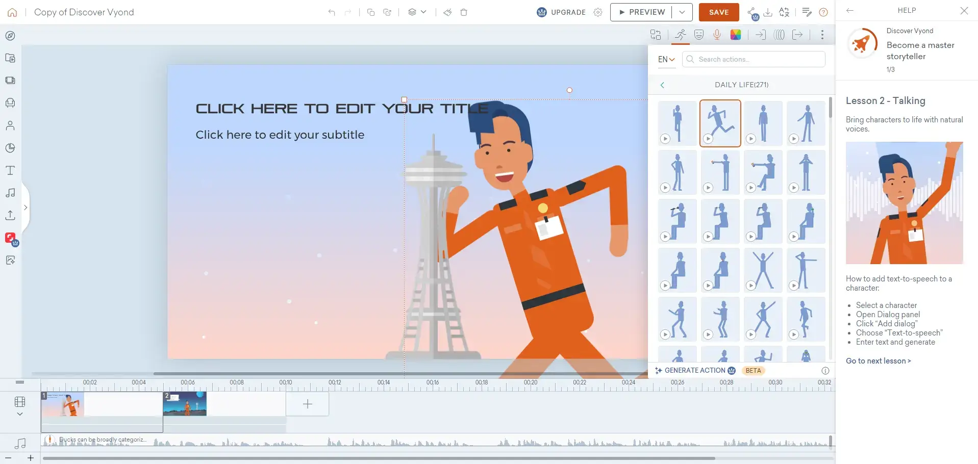 A screenshot of Vyond's dashboard showing an animated video.