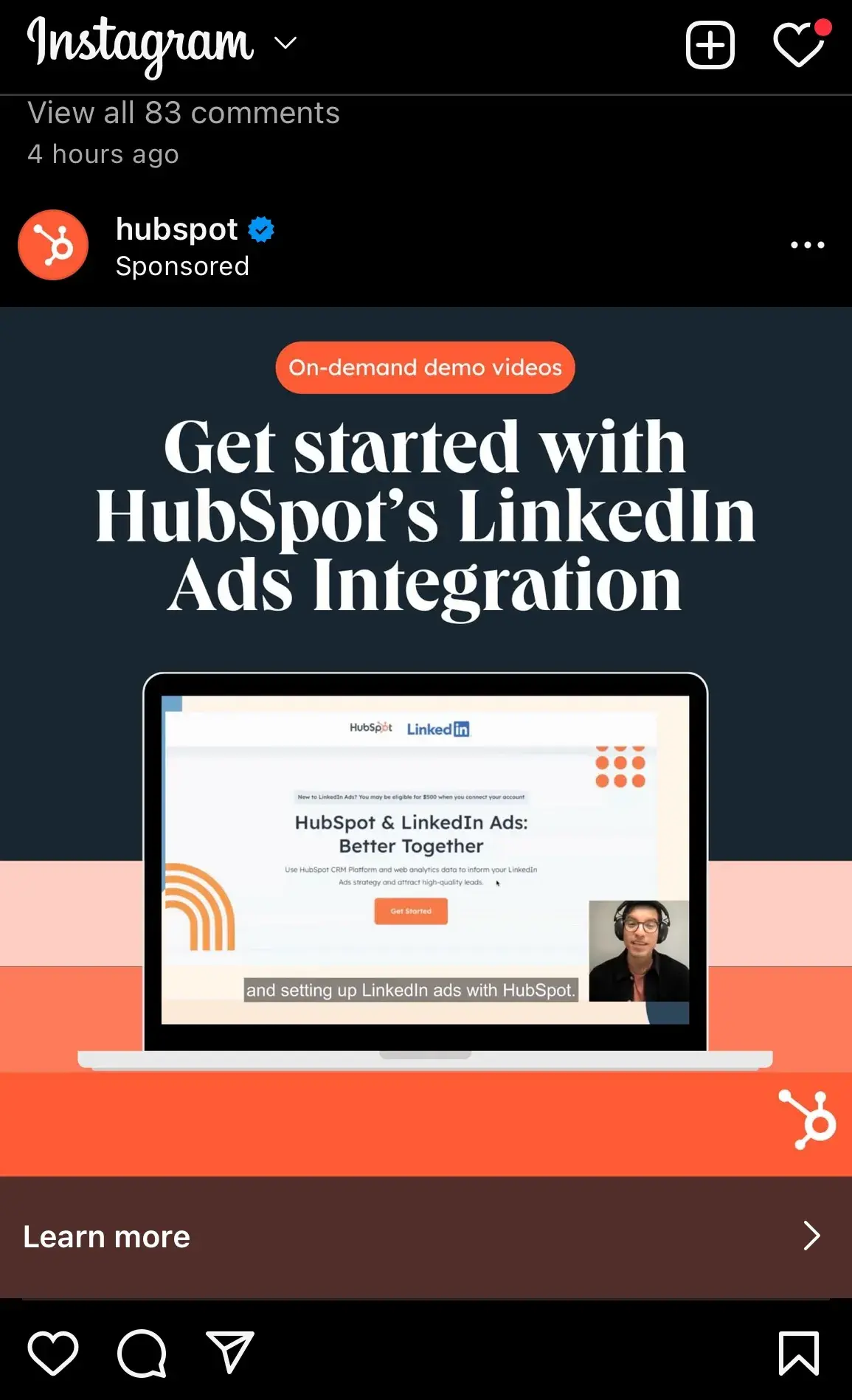 Screencap of a HubSpot ad on Instagram.