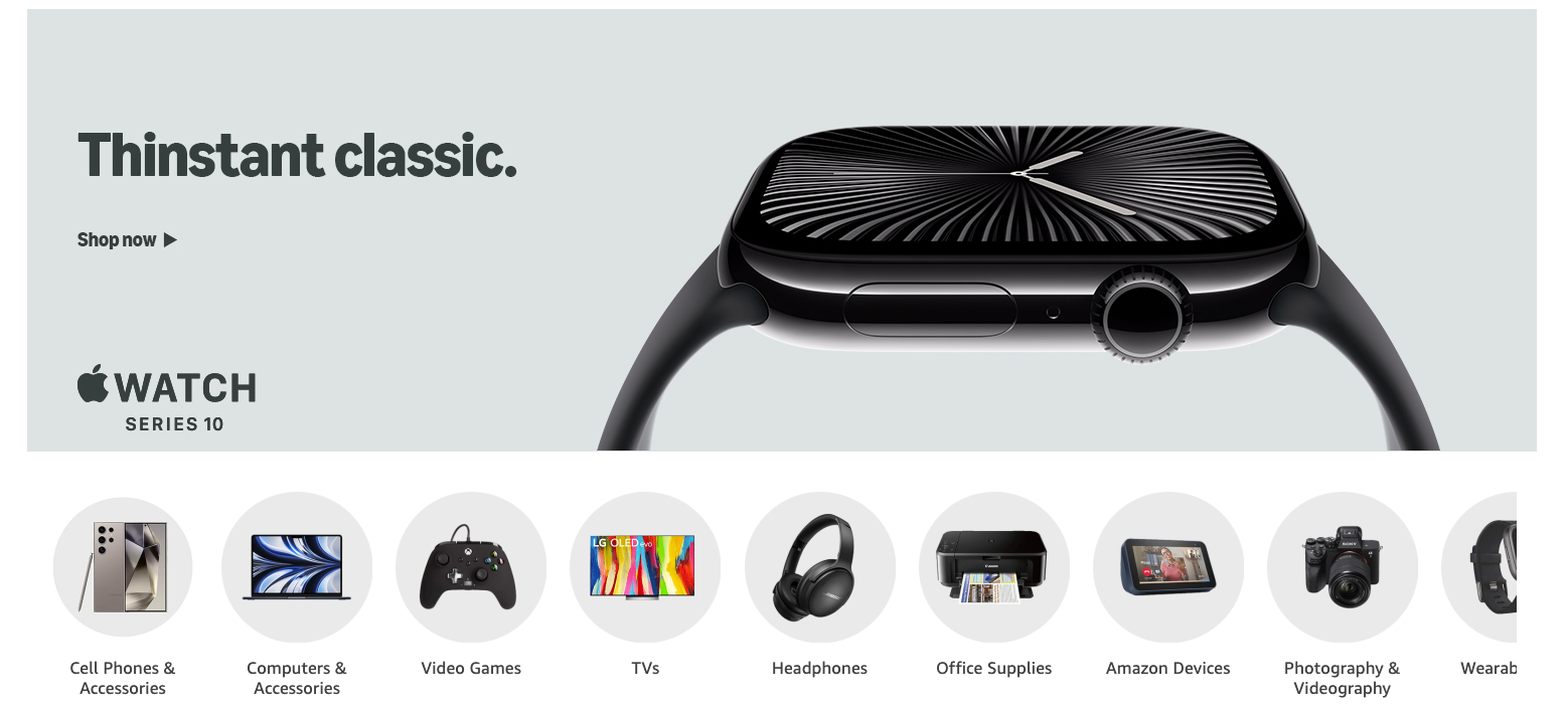 A screenshot of the Amazon Electronics homepage that features its different sub categories, with the Apple watch series 10 in the hero spot