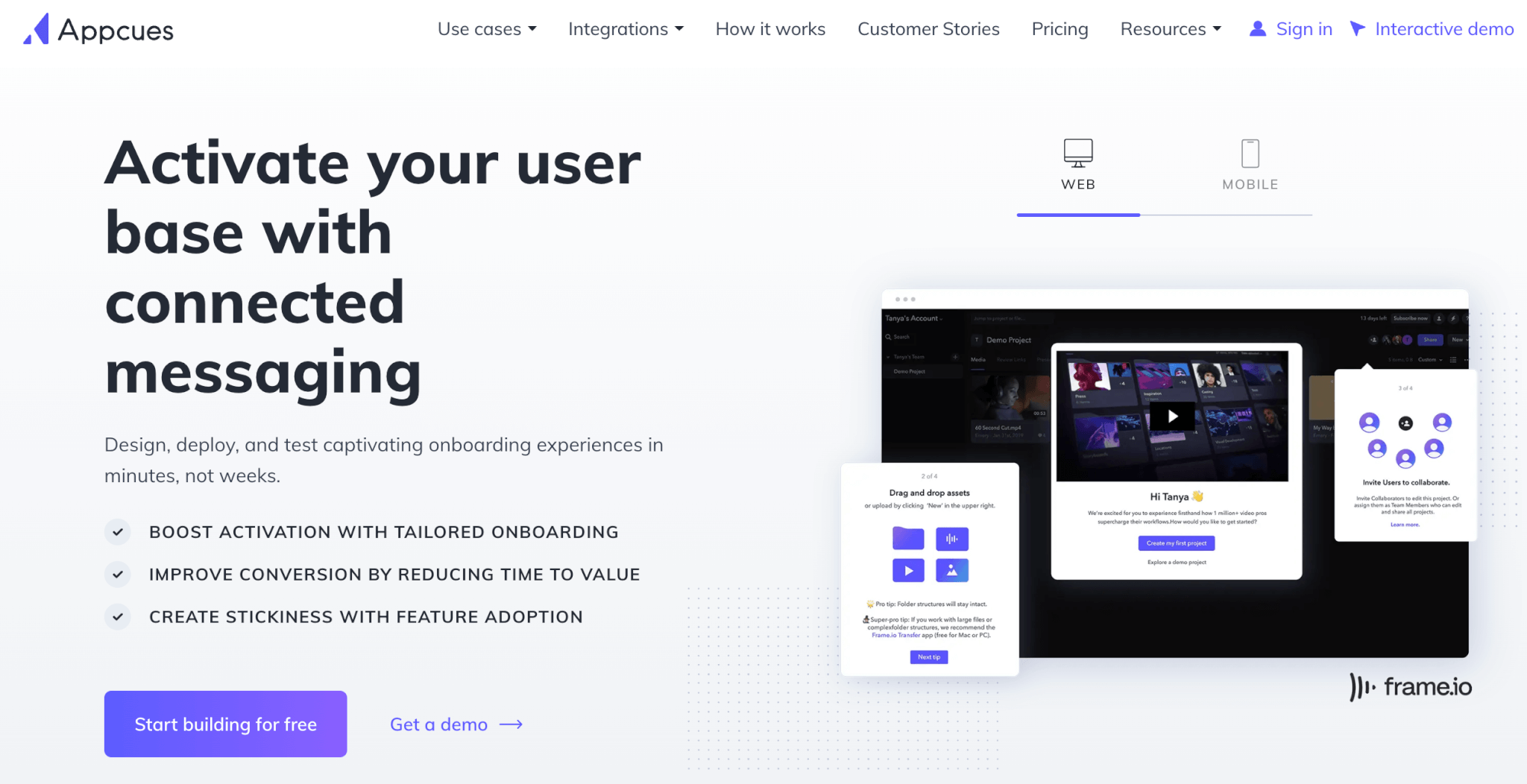 Appcues webpage promoting user activation through connected messaging, with features like tailored onboarding, improved conversion, and feature adoption