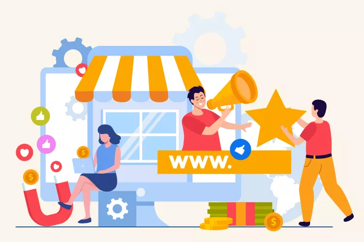 Illustration of online business concepts: a storefront with a megaphone, a person using a laptop, and another holding a star, surrounded by social media and financial icons.