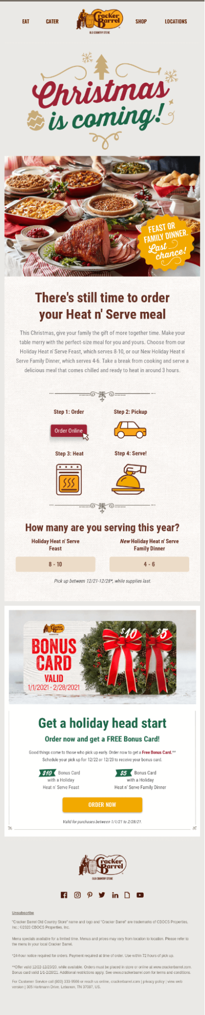 Cracker Barrel’s email tells people how to order and arrange in-store pickup for Christmas meals.