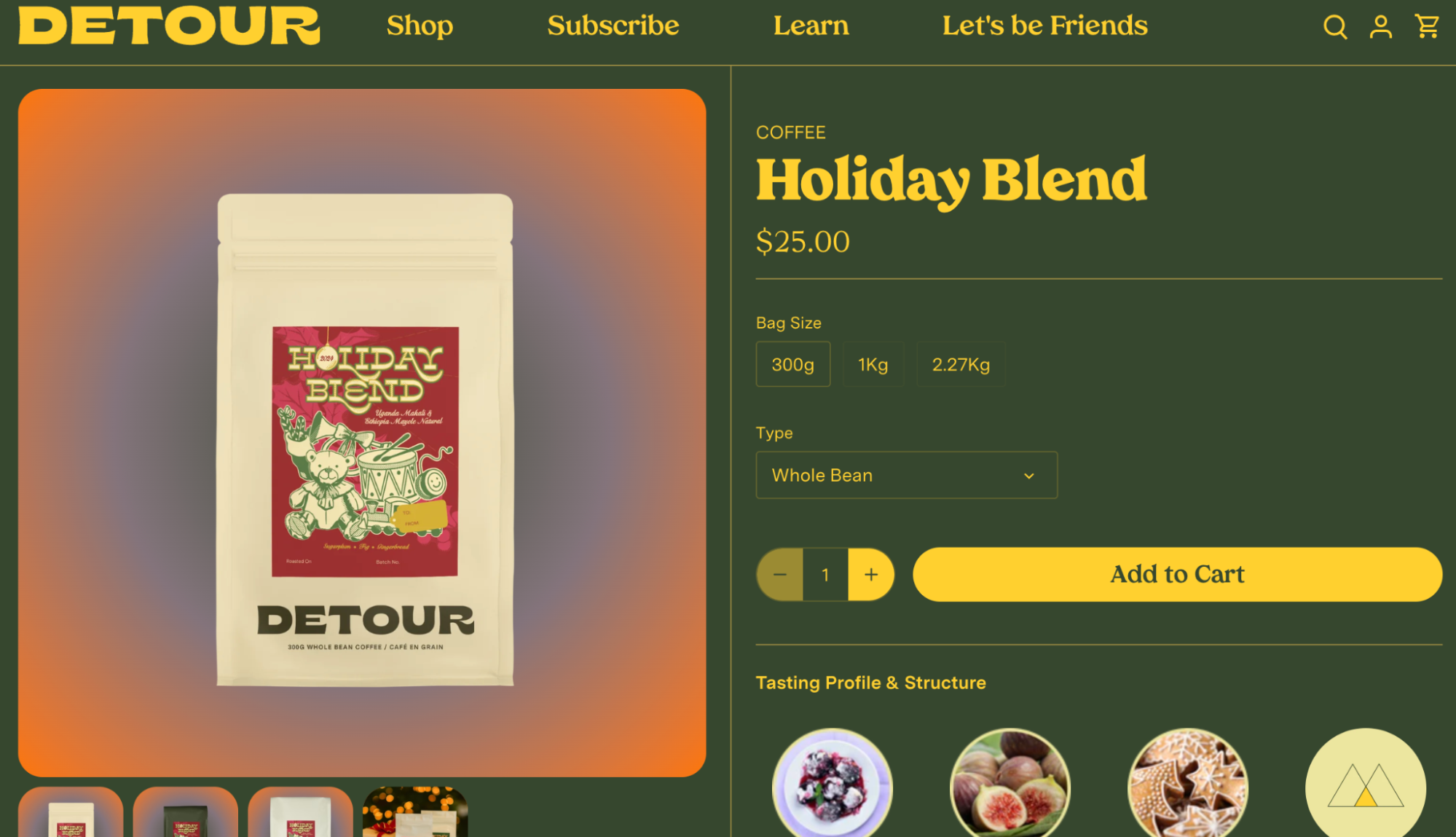 Product page for Detour’s holiday blend coffee with product info