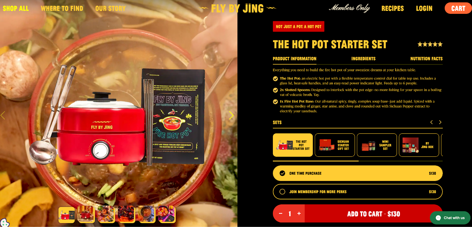 The product page for the Fly By Jing Hot Pot Starter Set for $130.