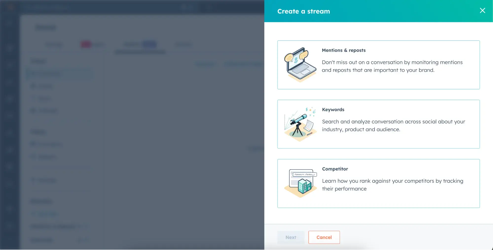 Screenshot showing the social stream options in HubSpot