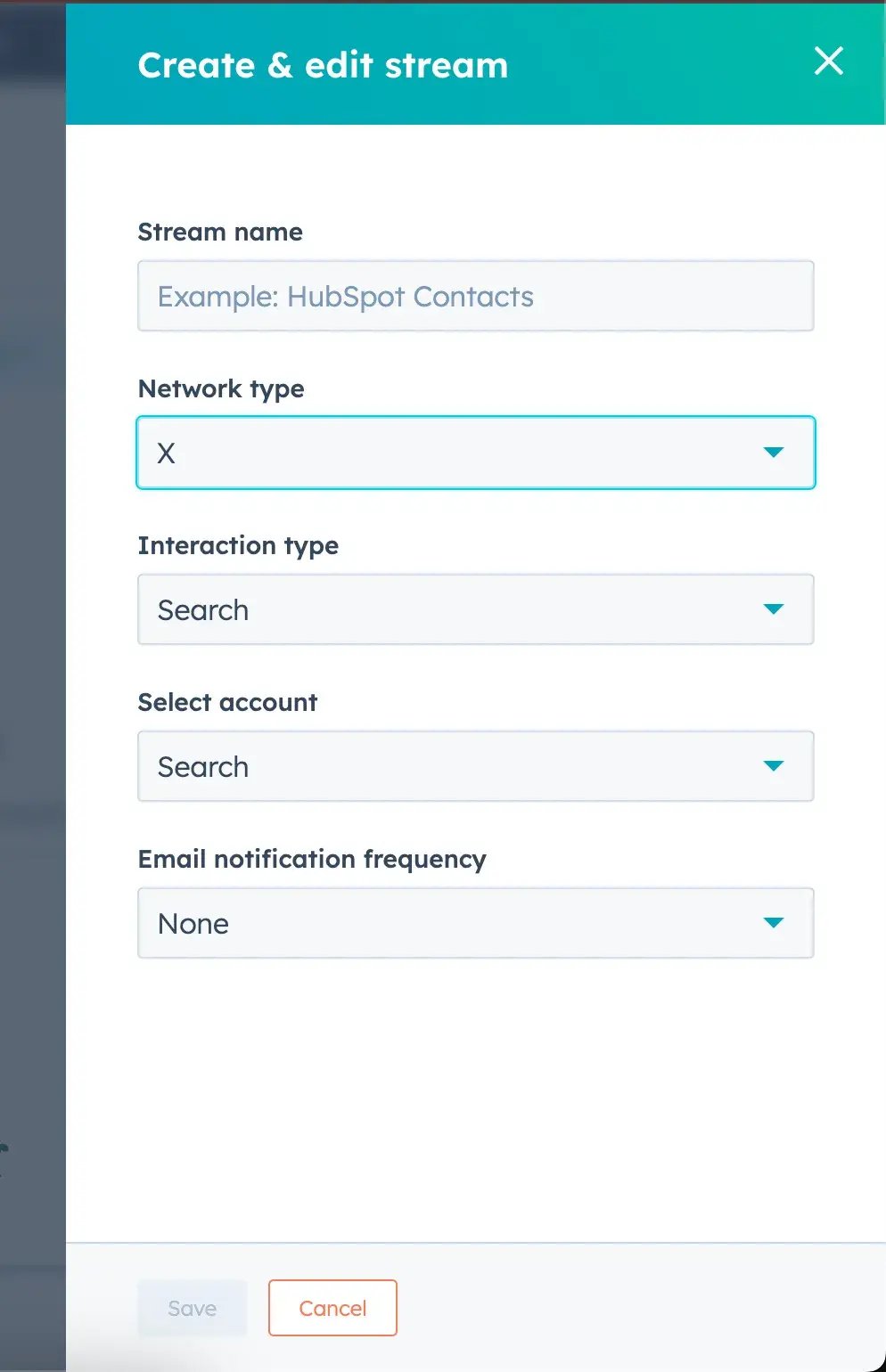 Screenshot showing the form you fill out to set up a keyword stream in HubSpot