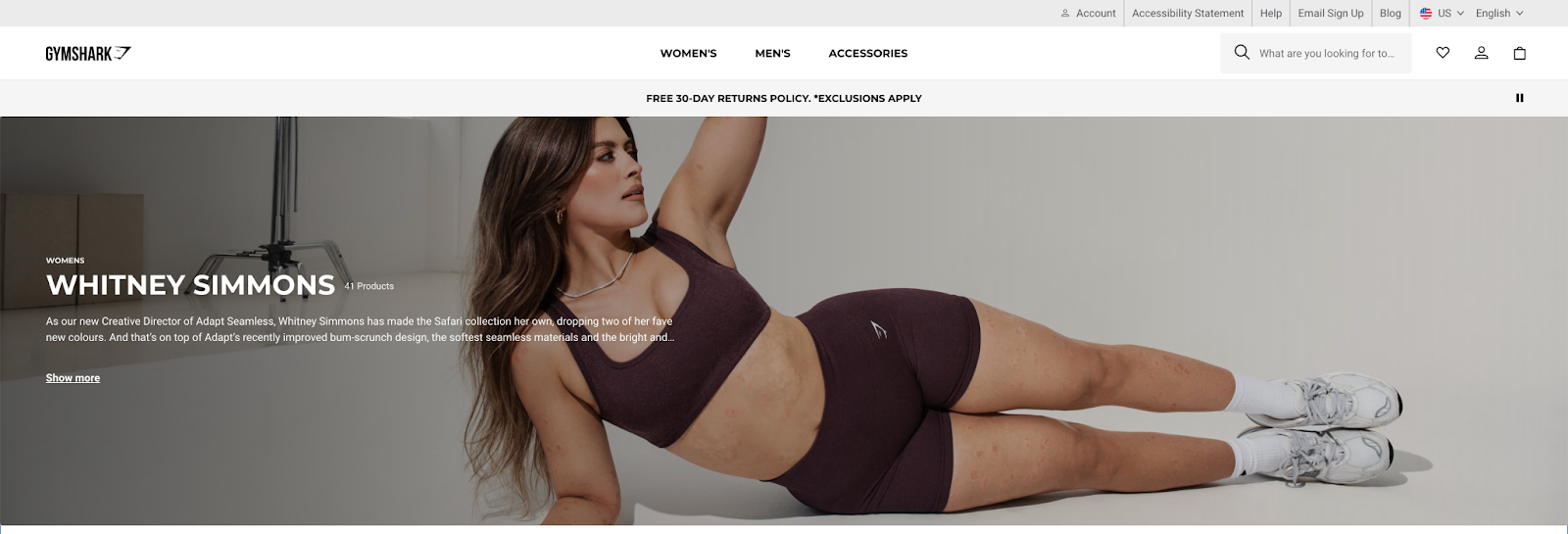 Gymshark’s website prominently features an image of influencer Whitney Simmons.