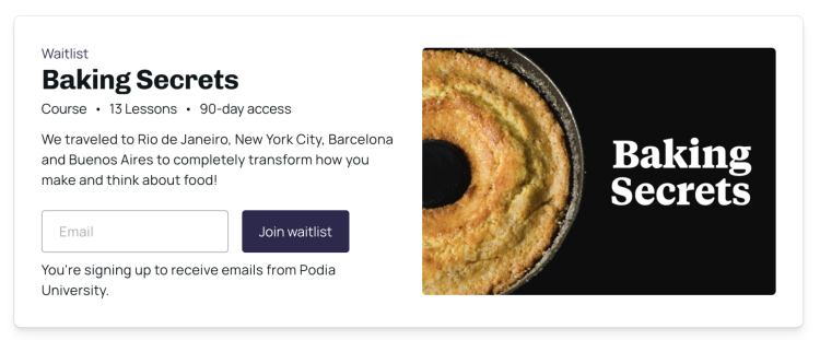 Waitlist example baking secrets course