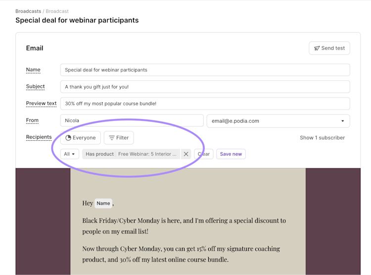 Webinar email broadcast filters