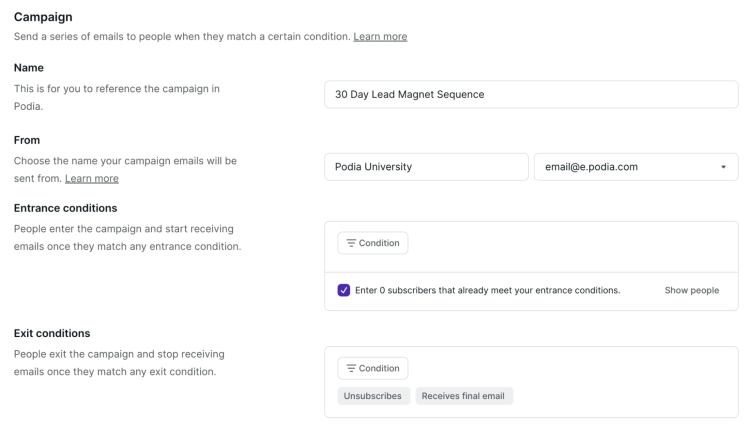 Lead magnet campaign in Podia Email