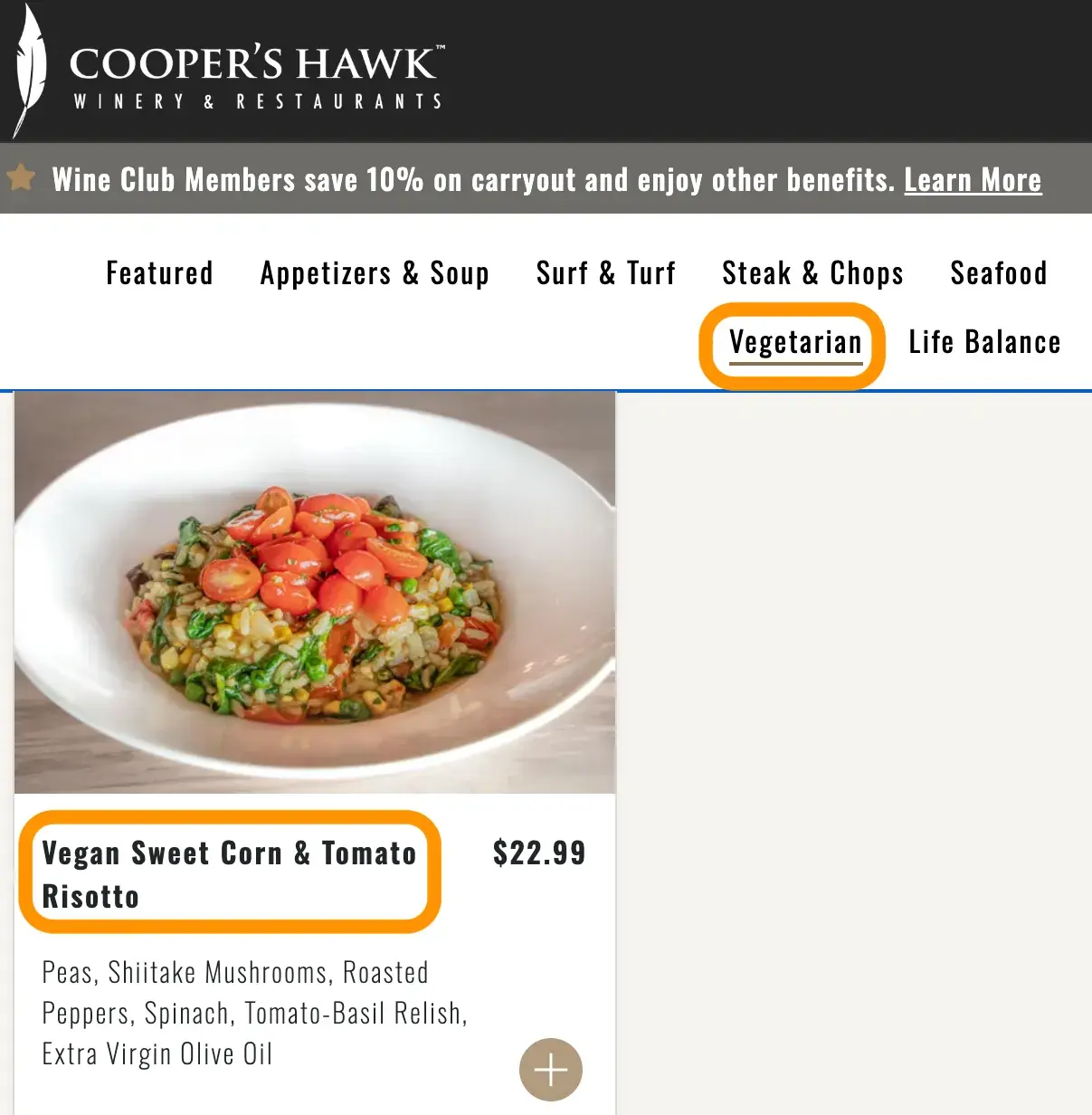 inclusive ecommerce website examples: Cooper’s Hawk vegan dish