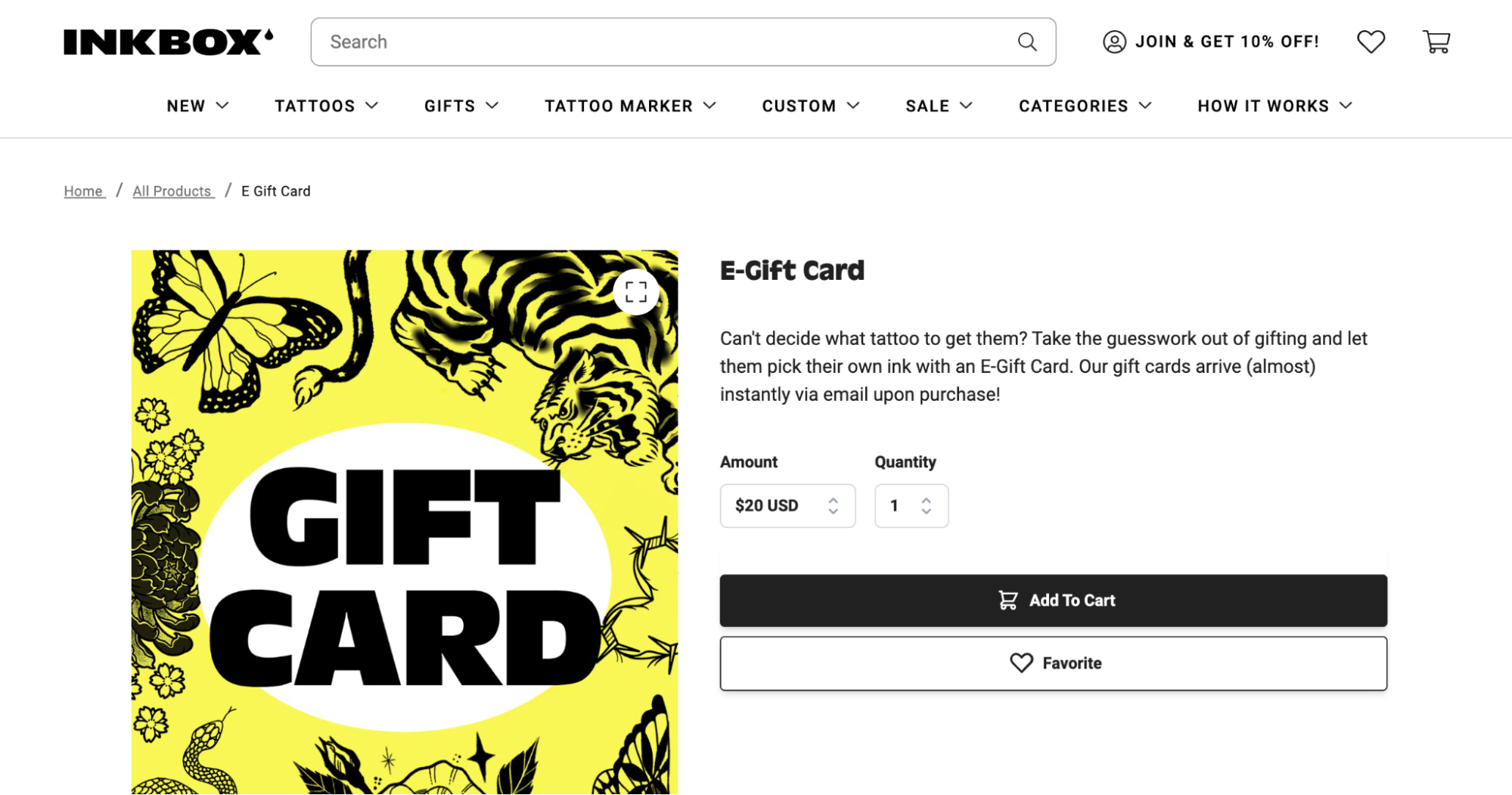 Product page for a virtual $20 gift card that recipients can spend on temporary tattoo stickers.