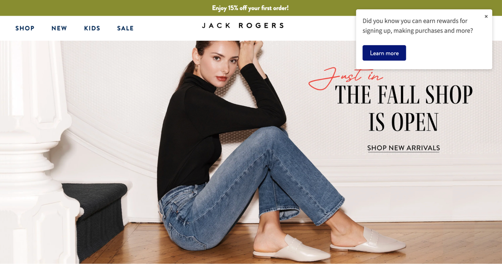 Jack Rogers model in fall attire, promoting the new fall shop collection and 15% off offer.