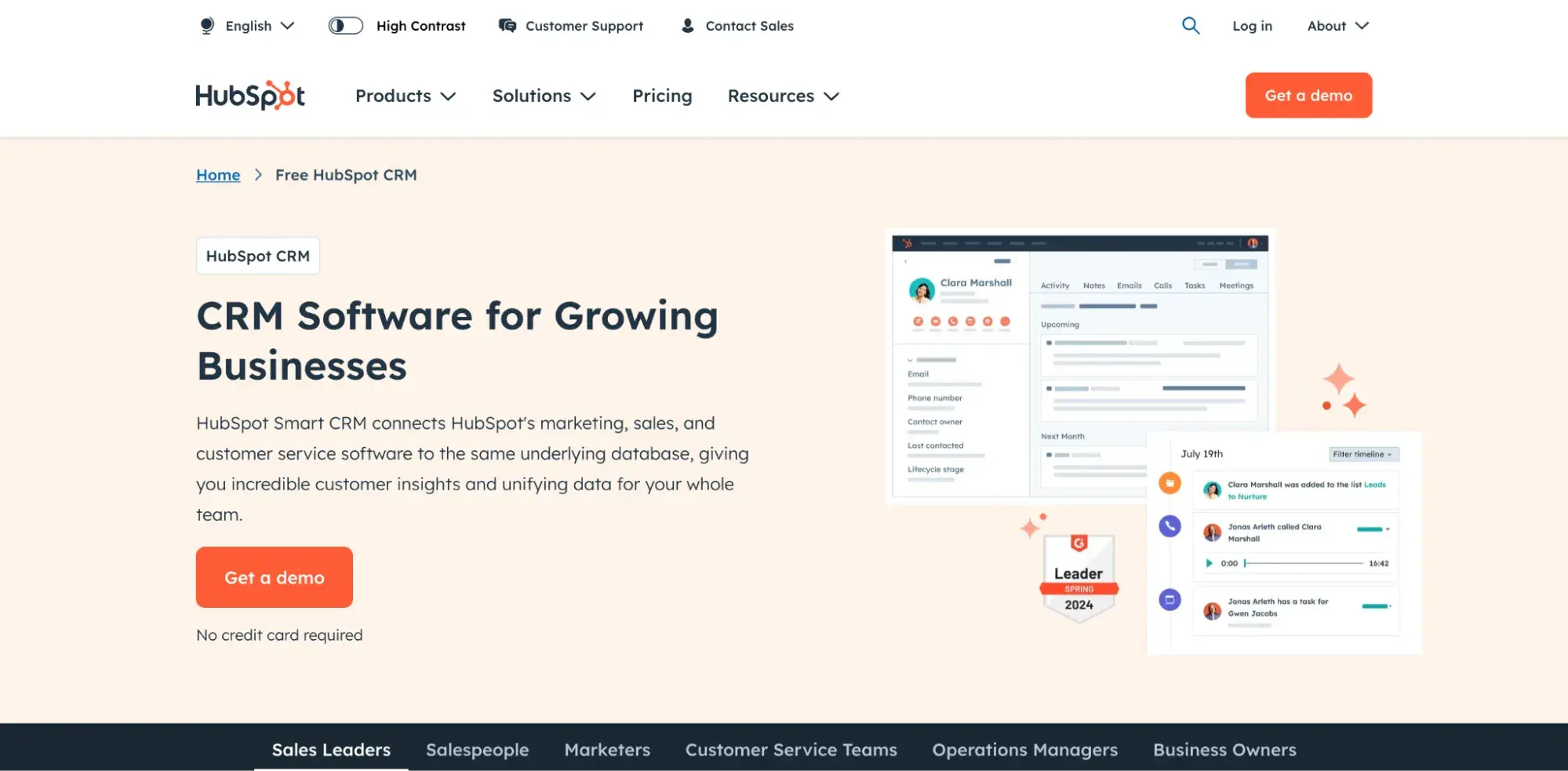 screenshot of HubSpot’s CRM software landing page]