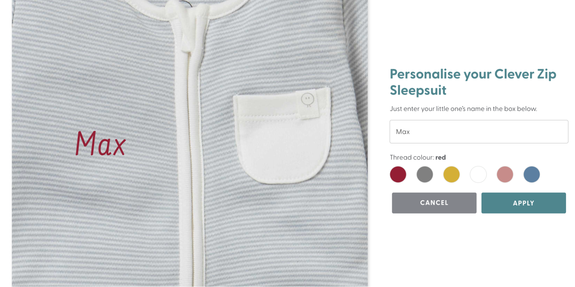 Name customization tool that adds a child’s name to their sleepsuit.