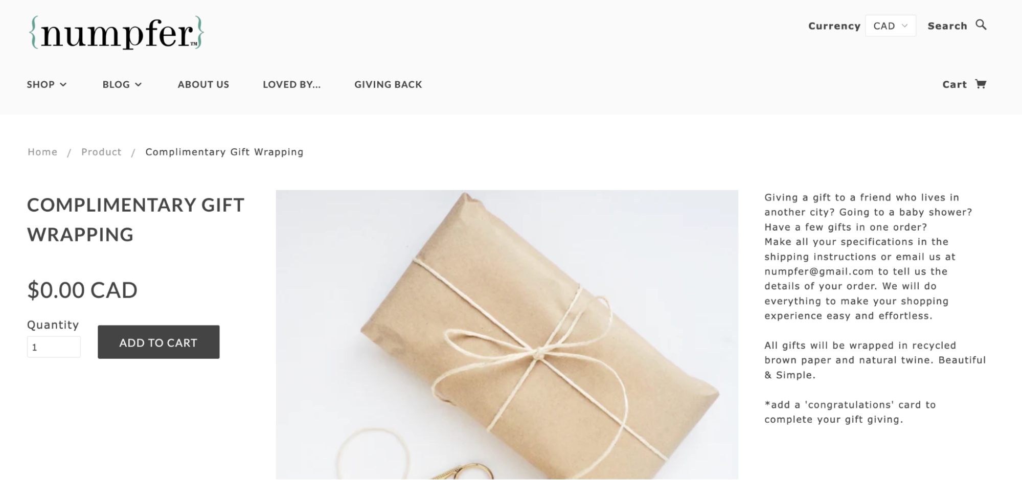 Product page for complimentary gift wrapping that can be applied to any order.