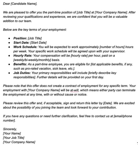 offer letter, part time job