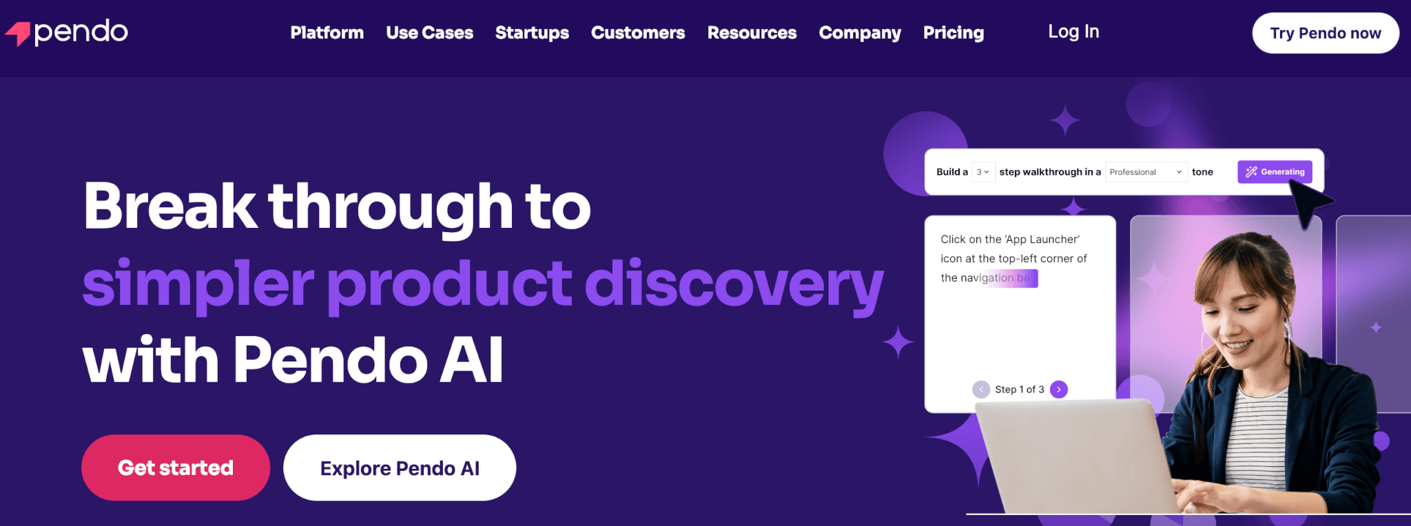 Pendo webpage promoting AI-powered product discovery, featuring a headline on simplifying product use, with a call-to-action to get started and an image of a user interacting with the software