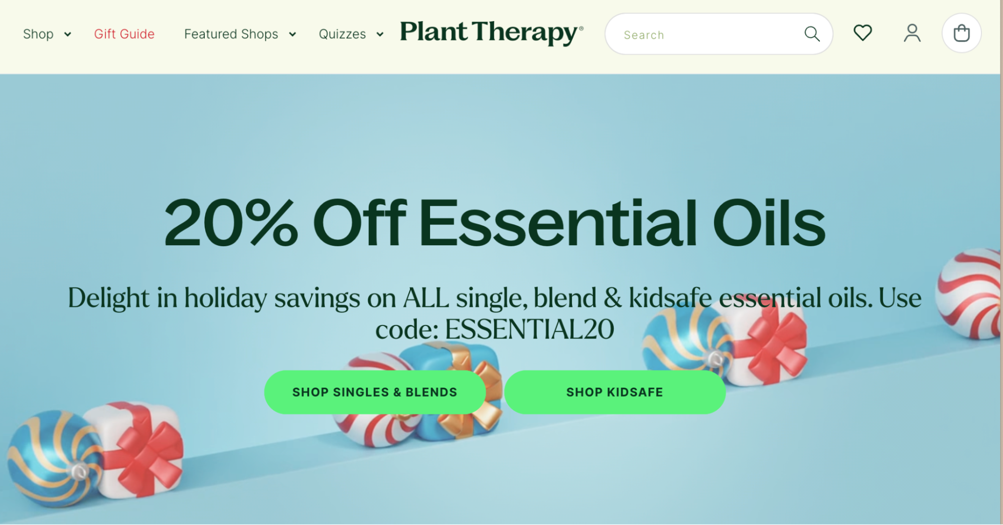 Homepage banner that says “20% off essential oils”.