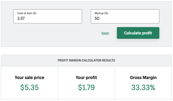 Shopify calculator showing if you buy a product at $3.57 and add a 50% markup, your profit would be $1.79.