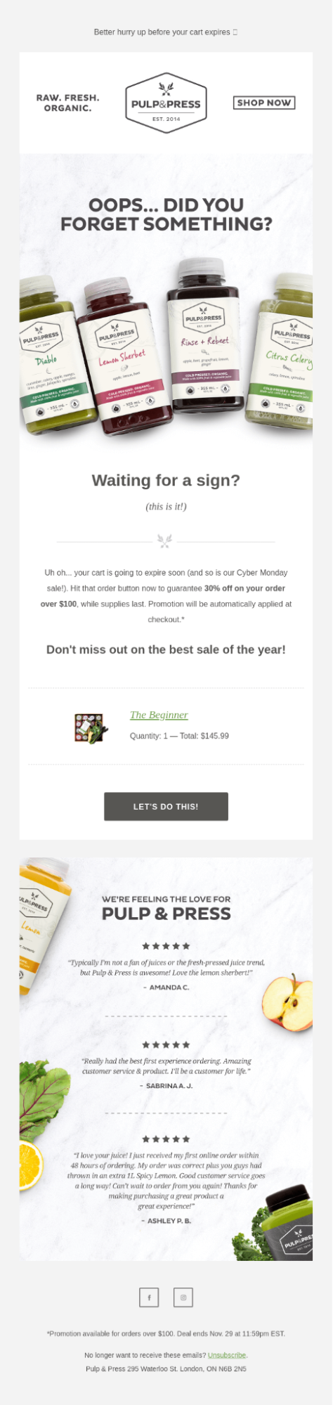 Cart recovery email that reminds shoppers of a 30% Black Friday promotion.