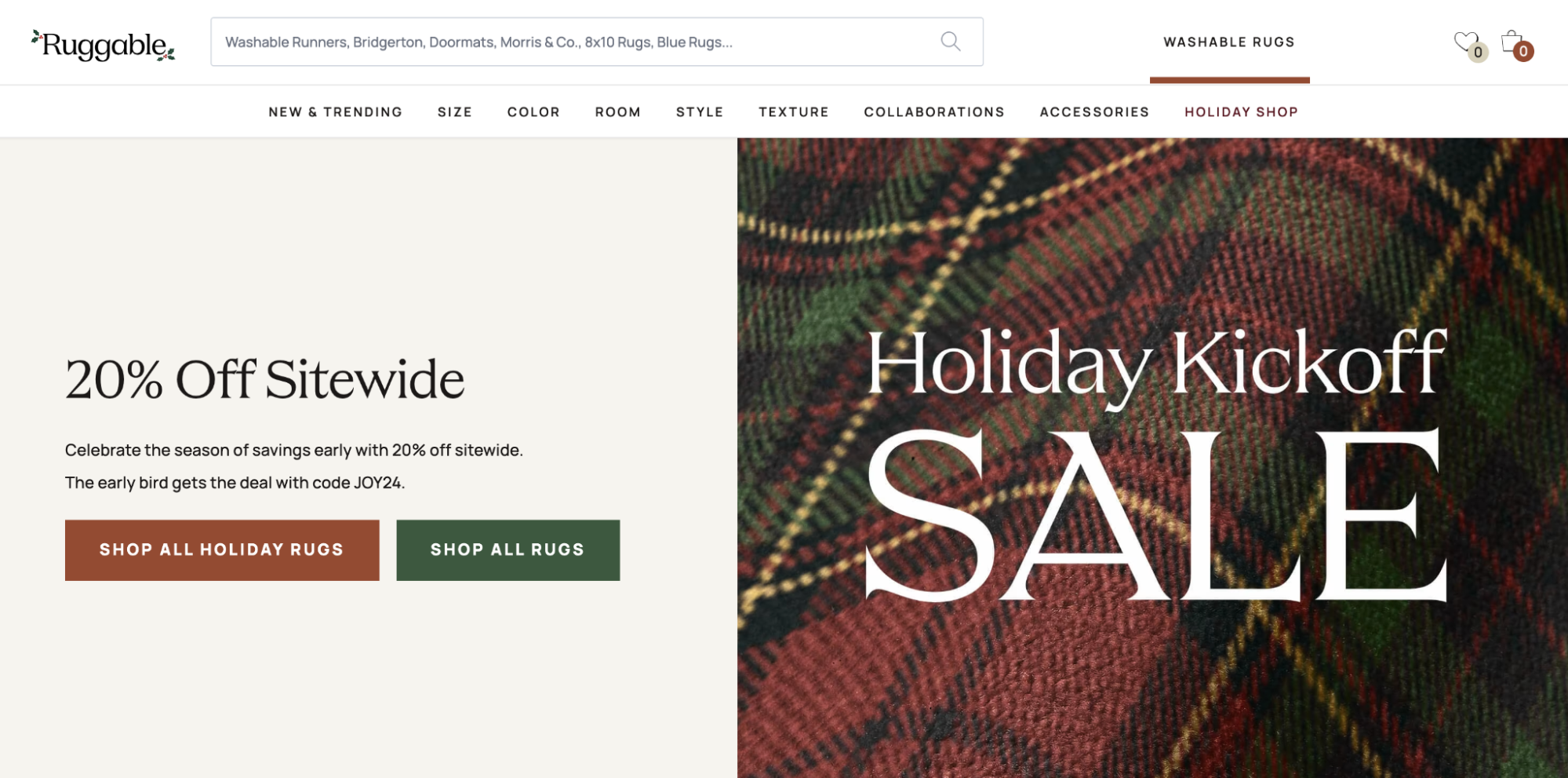 Ruggable website promoting 20% off sitewide holiday sale with discount code.