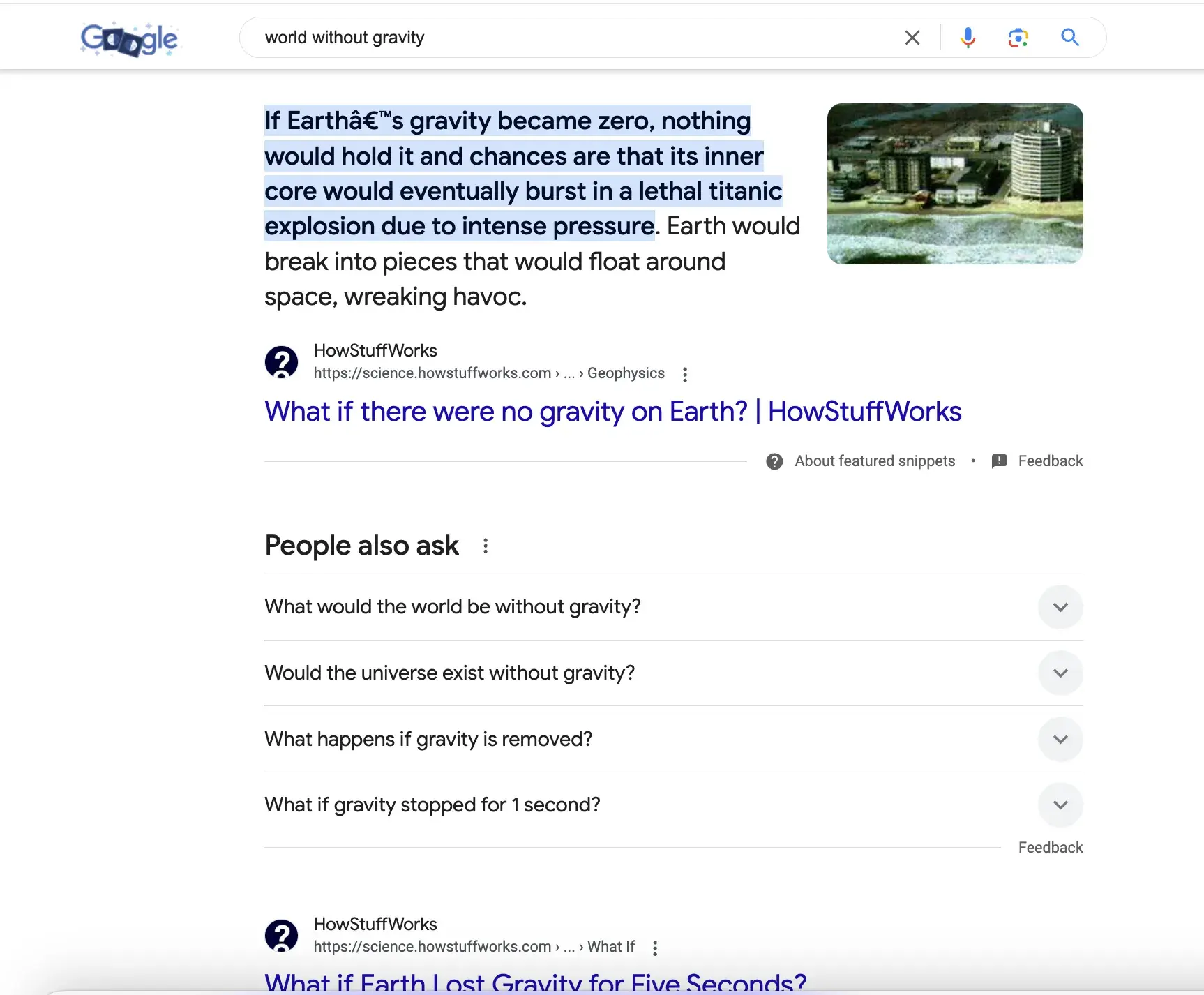 Screencap of Google results page for the query “world without gravity.”