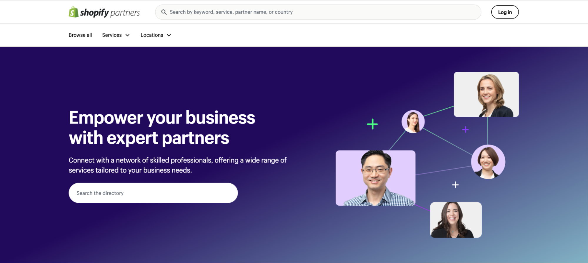 Shopify Partners page with connected professional headshots and 'Empower your business' text.