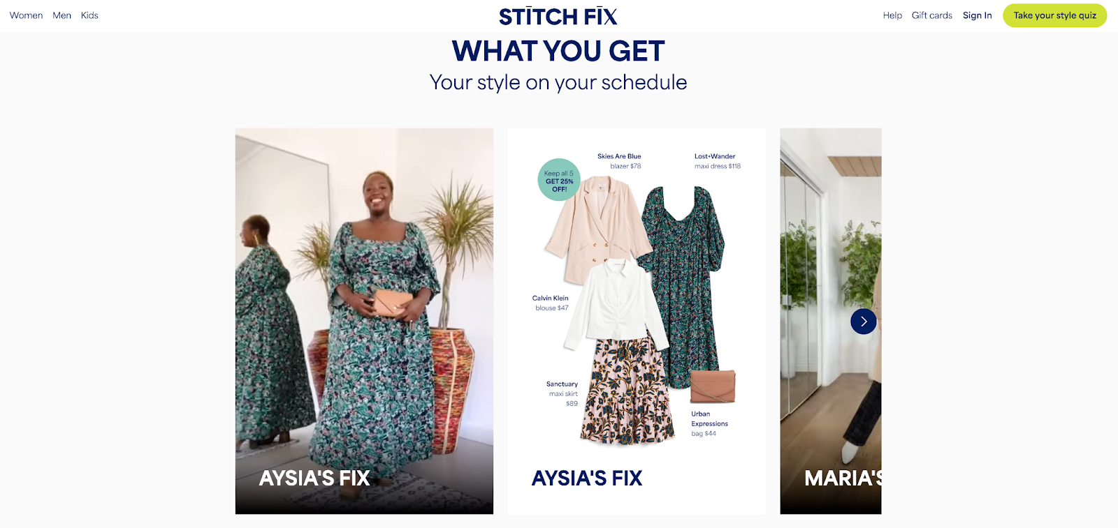 Stitch Fix homepage with example of clothing pieces and models showing how to wear them.