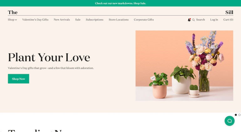 Desktop view of The Sill’s website showcasing Valentine’s Day gifts of plants and bouquets.