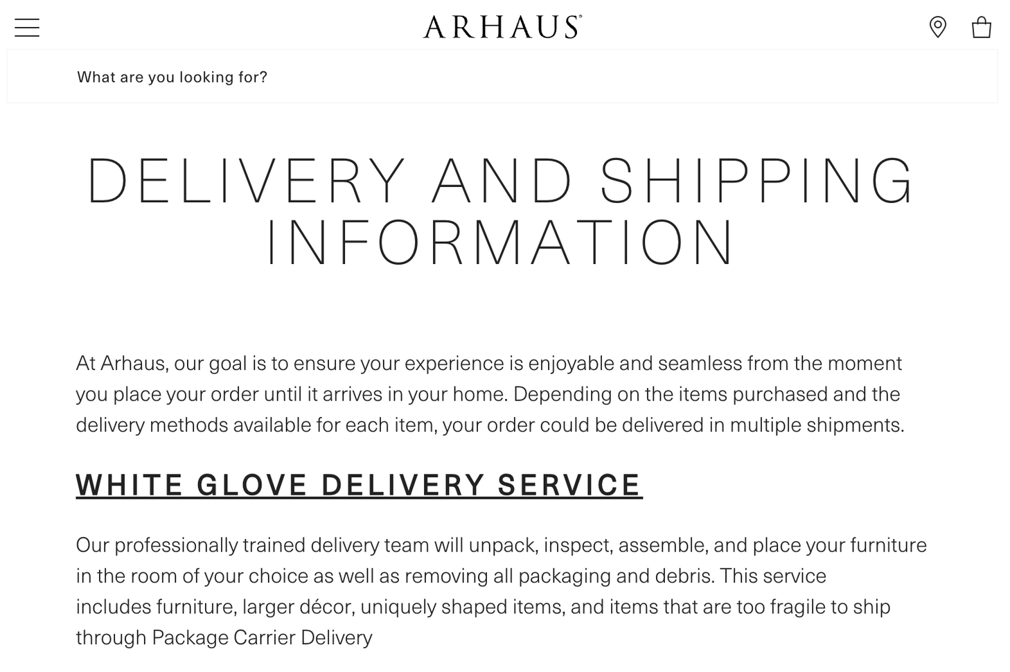 A screenshot of Arhaus’s shipping information page that explains its white-glove delivery service.