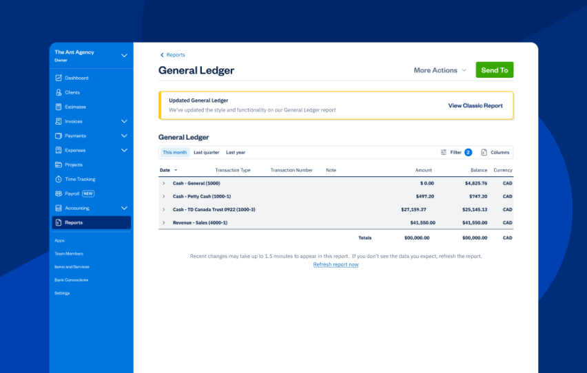 FreshBooks UI screen for general ledger