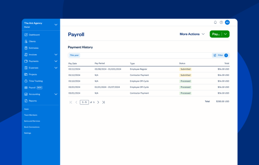 FreshBooks UI screen for payroll