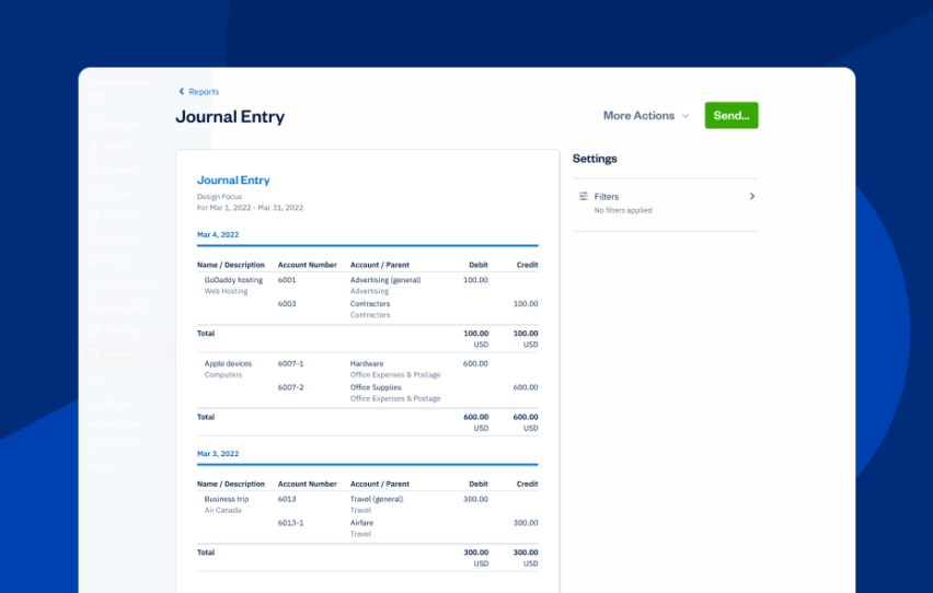 FreshBooks UI screen for journal entry