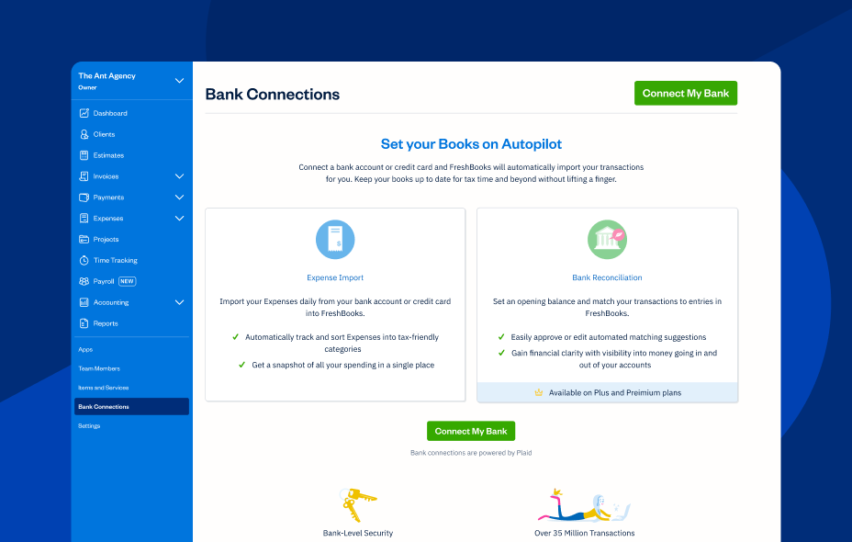 FreshBooks UI screen for bank connections