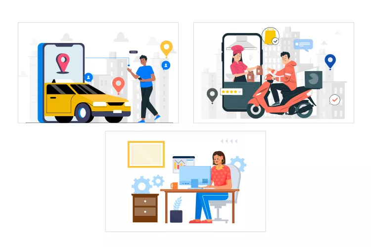 Illustrations showing ride-hailing: a person near a car, a scooter rider with passenger, and a woman working at a desk with a computer.