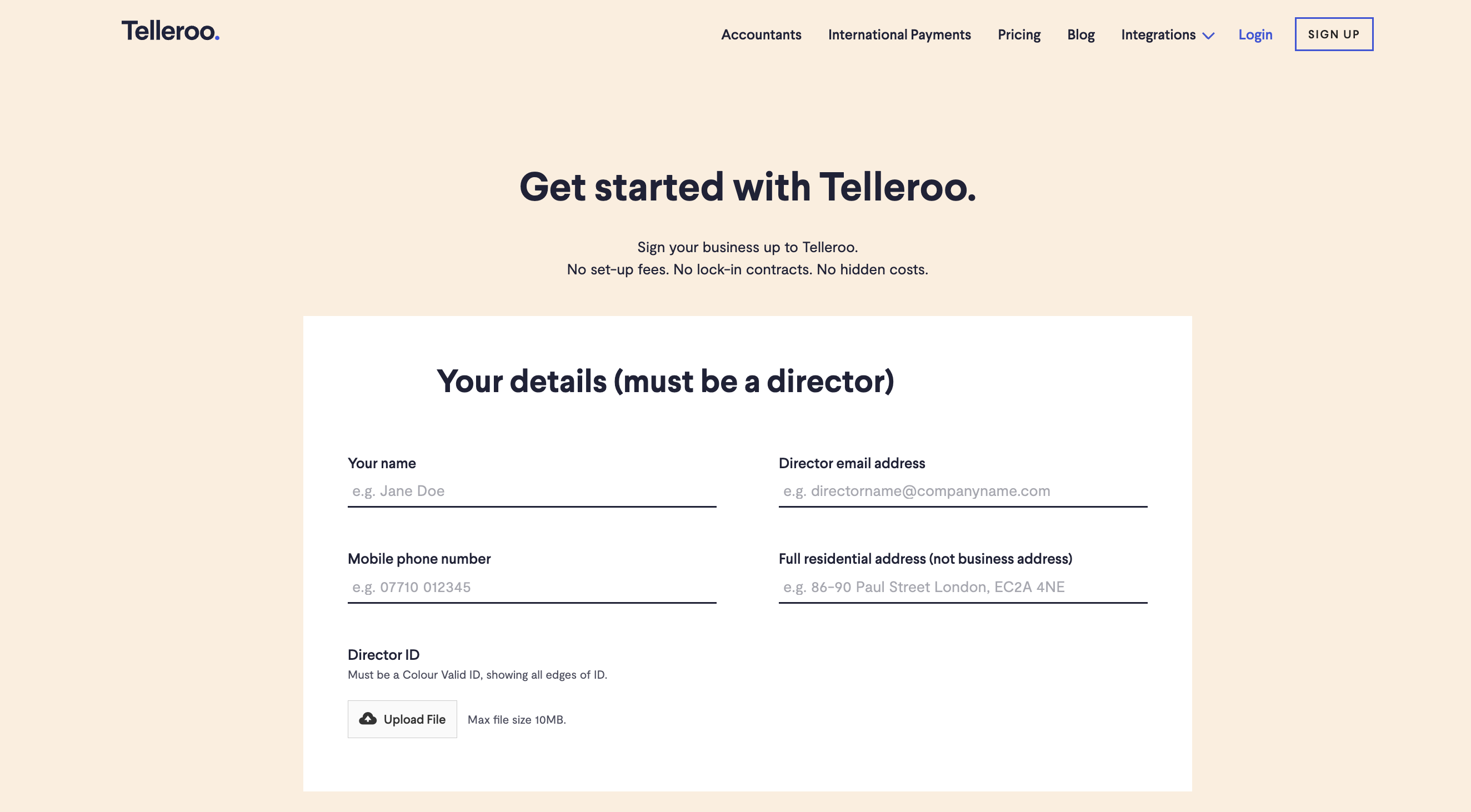 A sign up form on the Telleroo site