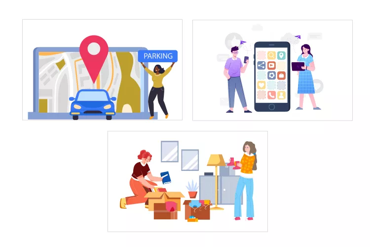 Three illustrations: a woman cheering next to a parked car, two people using a giant smartphone, and two women organizing household items into boxes.