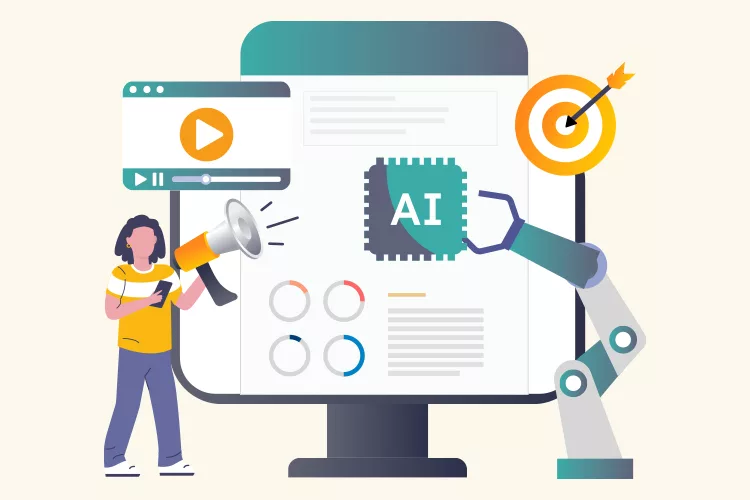 Illustration of AI concepts: a monitor displaying AI-related icons, a robot arm interacting, a person with a megaphone, graphs, and a target with an arrow.