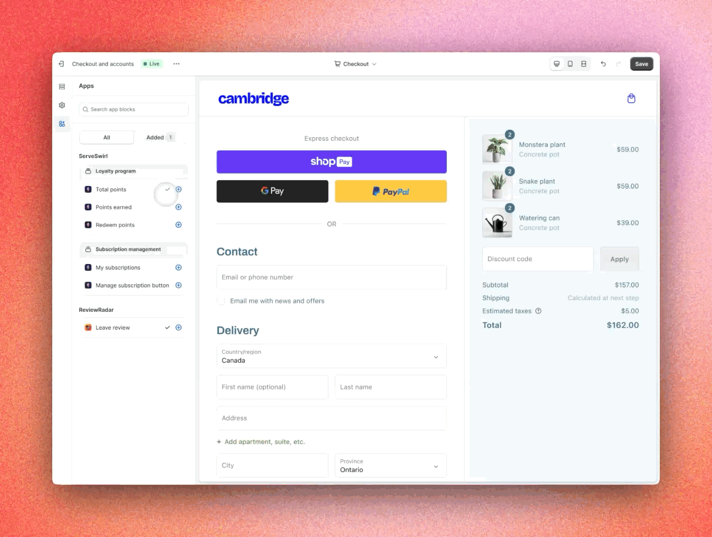 Gif showing the how to customize the checkout and accounts editor with customer account extensions