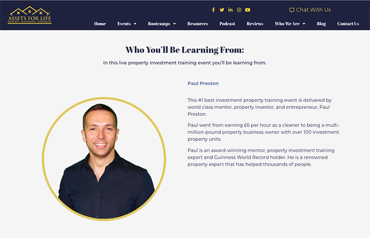 Webpage featuring a section about Paul Preston, described as a top investment property expert and speaker, with a headshot and bio highlighting his achievements and background.