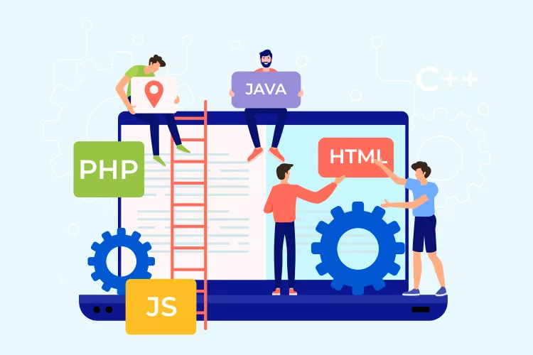 Illustration of people with programming language labels HTML, PHP, JS, and JAVA sitting on a laptop, with gears and a ladder, symbolizing coding and software development.