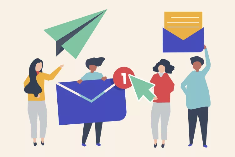 Illustration of four people holding oversized email icons, including envelopes and a paper airplane, with a notification symbol.