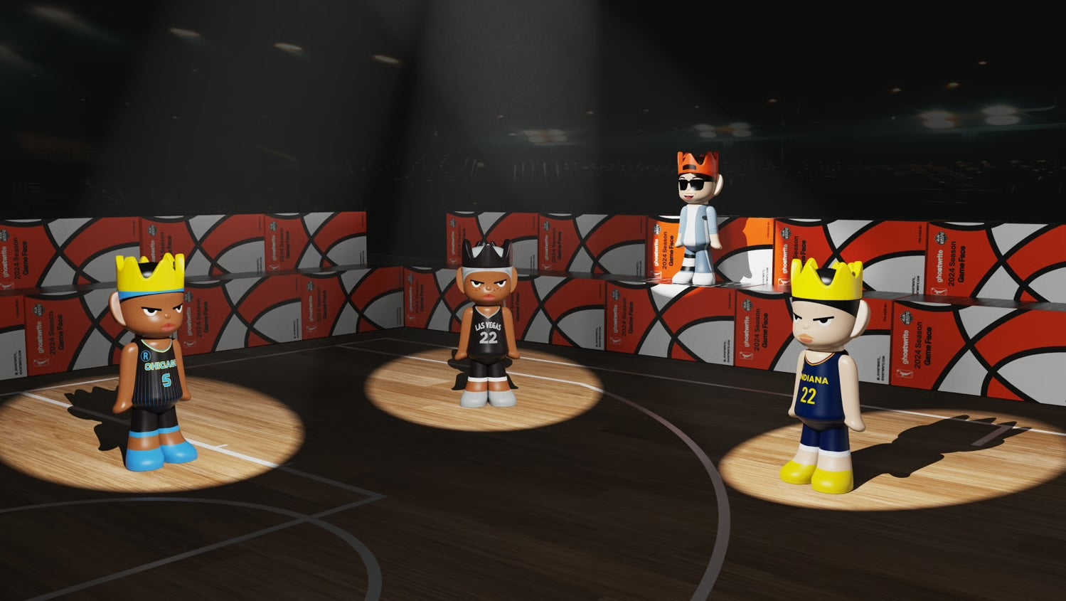 Four Ghostwrite ghosts under spotlights on a basketball court