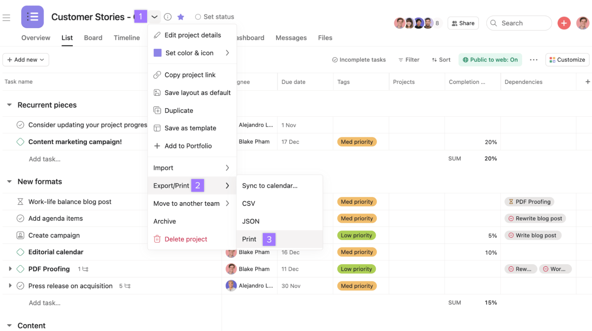 Creative management software Asana dashboard