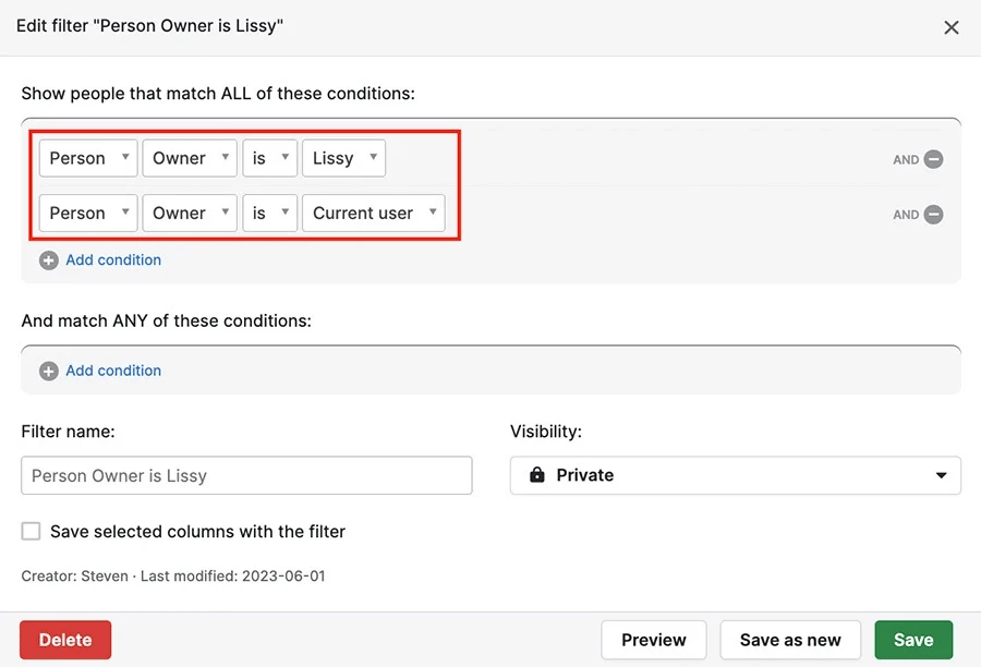 Customer base Pipedrive filtering